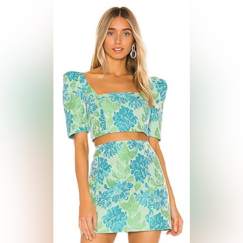 Nookie Solana Puff Sleeve Crop Top (M) & Mini Skirt Set (S) In Mint & Blue